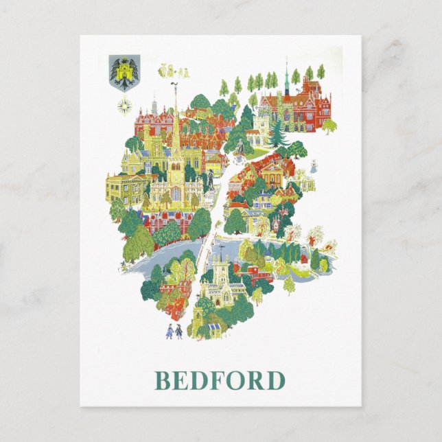 Postal Mapa de viaje antiguo de Bedford, Inglaterra (Anverso)