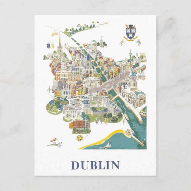 Postal Mapa de viaje antiguo de Dublín en Irlanda (Anverso)