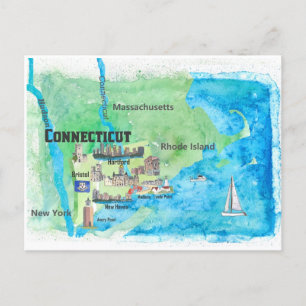 Postal Mapa de viaje de Connecticut EE. UU. con destacado