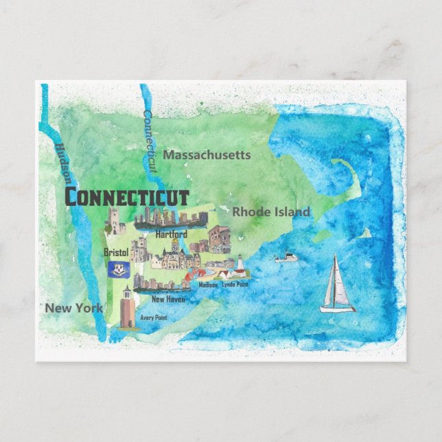 Postal Mapa de viaje de Connecticut EE. UU. con destacado (Anverso)