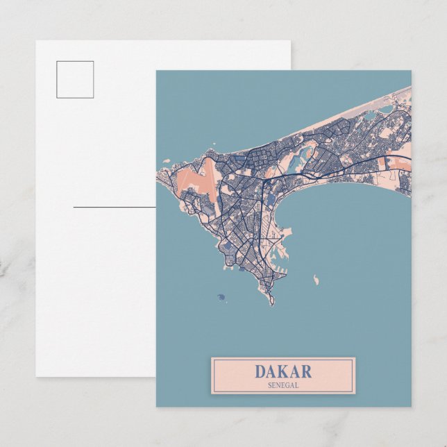 Postal Mapa de viaje de la ciudad ventosa de Dakar Senega (Anverso / Reverso)