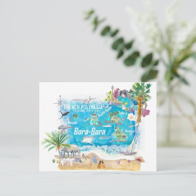 Postal Mapa de viaje de las Islas Bora Bora Polinesia Fra (Anverso de pie)