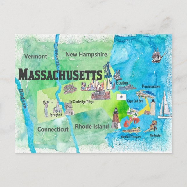 Postal Mapa de viaje de Massachusetts (Anverso)