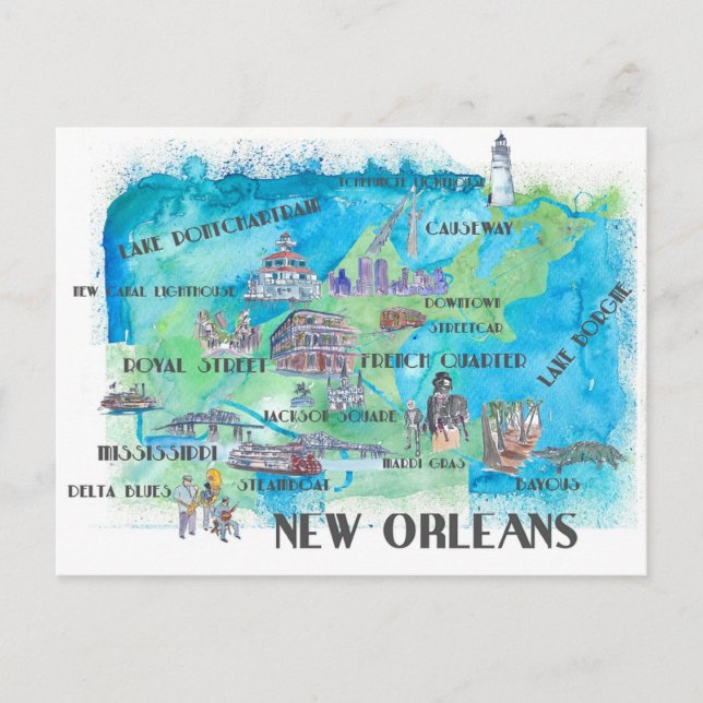 Postal Mapa de viaje de Nueva Orleans Luisiana (Anverso)