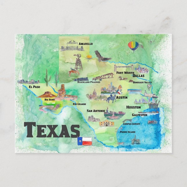 Postal Mapa de viaje de Texas EE. UU. con destacados (Anverso)