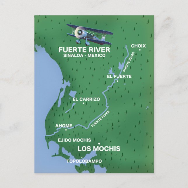 Postal Mapa de viaje del río Fuerte Sinaloa, México (Anverso)