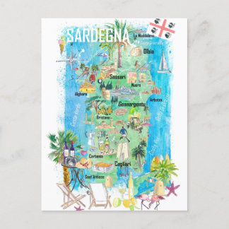Postal Mapa de viaje ilustrado de Cerdeña