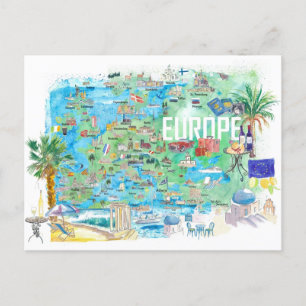 Postal Mapa de viaje ilustrado de Europa