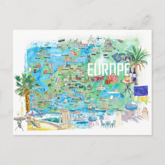 Postal Mapa de viaje ilustrado de Europa (Anverso)