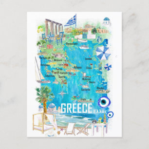 Postal Mapa de viaje ilustrado de Grecia en el Mediterrán