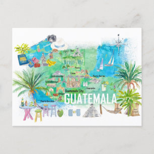 Postal Mapa de viaje ilustrado de Guatemala con carretera