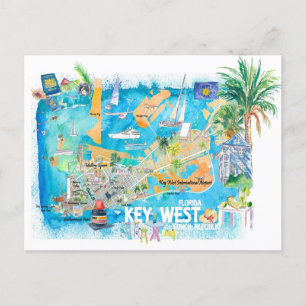 Postal Mapa de viaje ilustrado de Key West Florida con ca