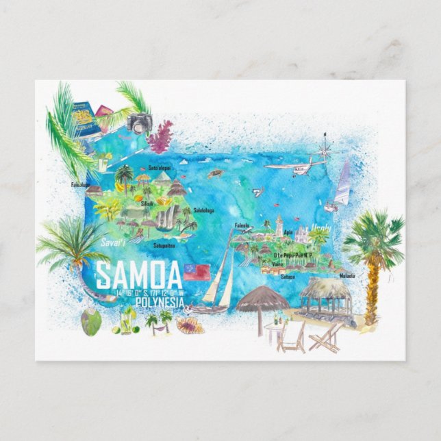 Postal Mapa de viaje ilustrado de la isla de Samoa (Anverso)