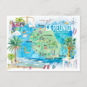Postal Mapa de viaje ilustrado de la isla La Reunion