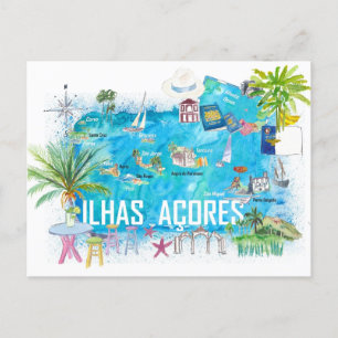 Postal Mapa de viaje ilustrado de las Islas Azores Portug