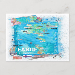 Postal Mapa de viaje ilustrado de las Islas Feroe