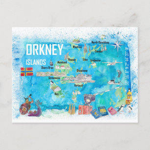 Postal Mapa de viaje ilustrado de las Islas Orcadas