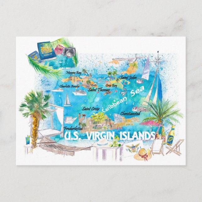 Postal Mapa de viaje ilustrado de las Islas Vírgenes de E (Anverso)