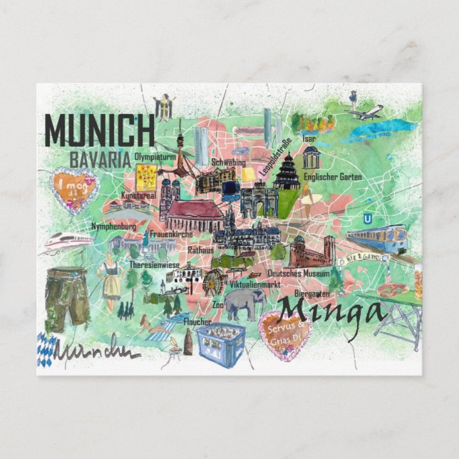 Postal Mapa de viaje ilustrado de Múnich Baviera Alemania (Anverso)