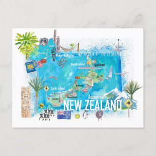 Postal Mapa de viaje ilustrado de Nueva Zelanda