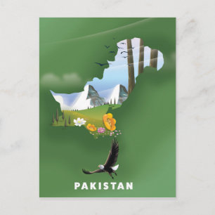 Postal Mapa de viaje ilustrado de Pakistán.
