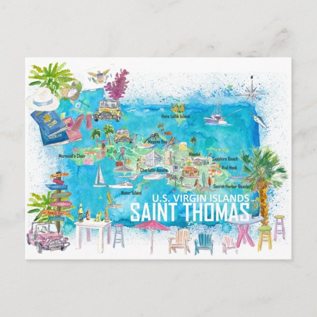 Postal Mapa de viaje ilustrado de Saint Thomas USVI (Anverso)