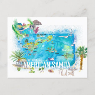 Postal Mapa de viaje ilustrado de Samoa Americana