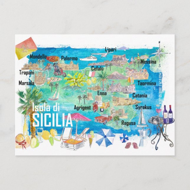 Postal Mapa de viaje ilustrado de Sicilia Italia  (Anverso)