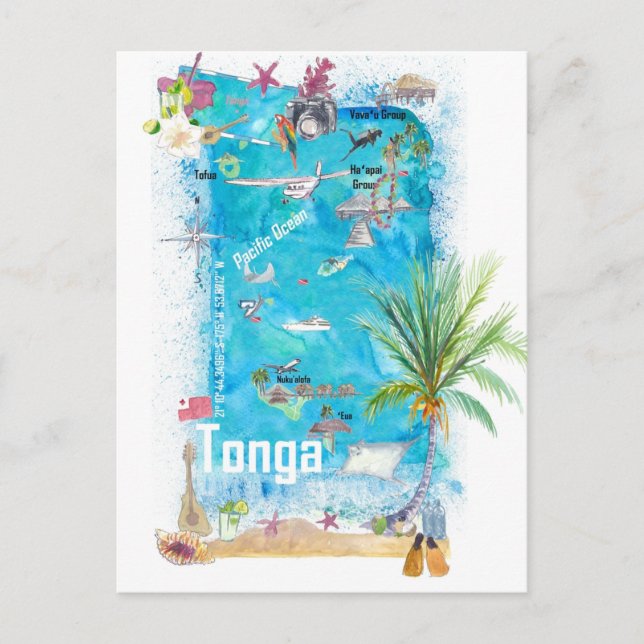 Postal Mapa de viaje ilustrado de Tonga Polinesia (Anverso)