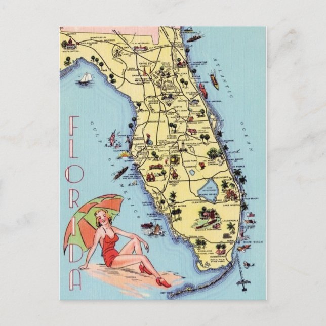 Postal Mapa de viajes con atracciones en Florida (Anverso)