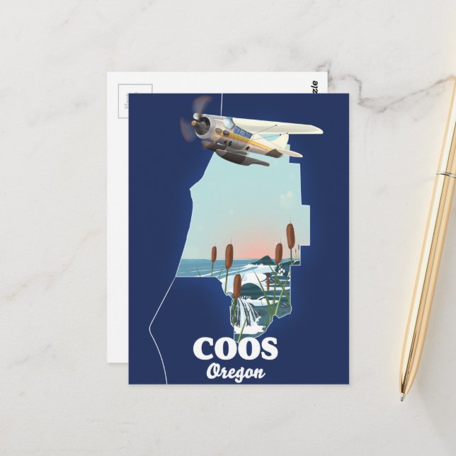 Postal Mapa de viajes de Coos Oregon (Anverso/Reverso In Situ)