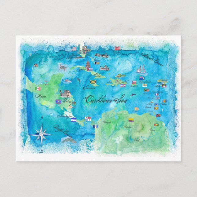 Postal Mapa de viajes de cosecha del Mar Caribe (Anverso)