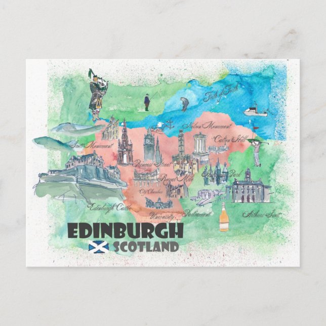 Postal Mapa de viajes de Edimburgo, Escocia (Anverso)