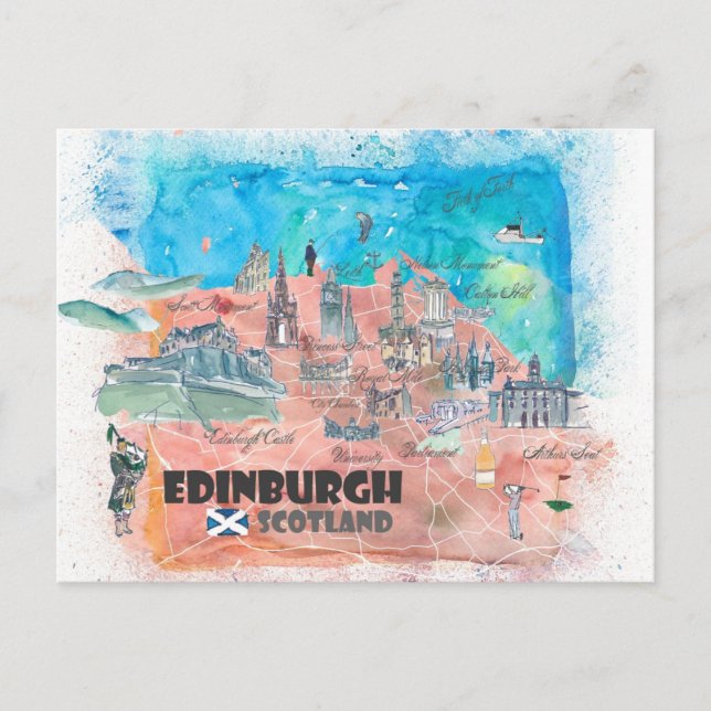 Postal Mapa de viajes de Edimburgo, Escocia (Anverso)