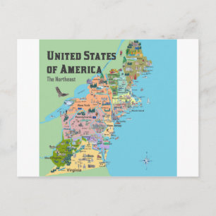 Postal Mapa de viajes de Estados del Noreste de los Estad