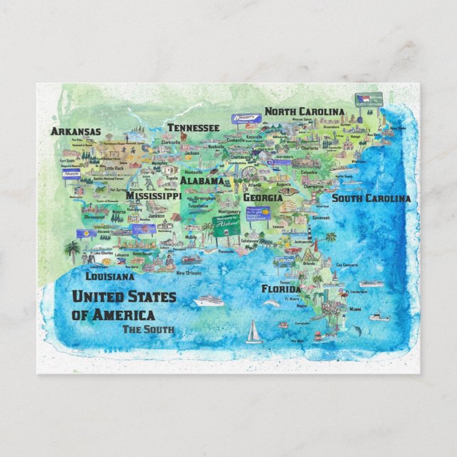 Postal Mapa de viajes de Estados del Sur de Estados Unido (Anverso)