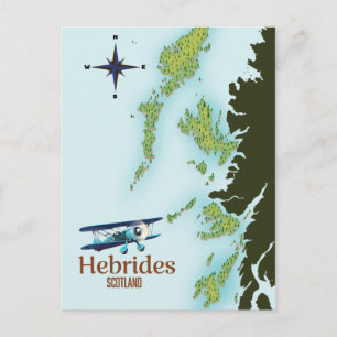 Postal Mapa de viajes de Hebrides, Escocia.