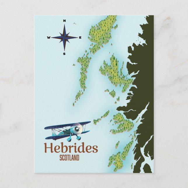 Postal Mapa de viajes de Hebrides, Escocia. (Anverso)