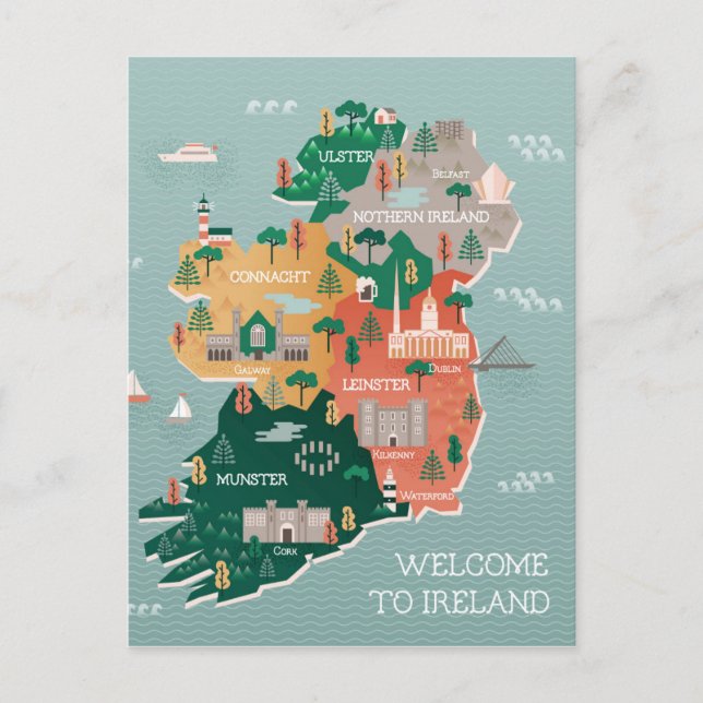 Postal Mapa de viajes de Irlanda | Lugares de interés y c (Anverso)