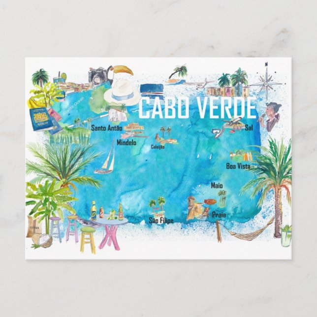 Postal Mapa de viajes de Isla ilustrado de Cabo Verde (Anverso)