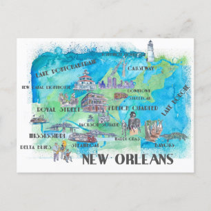 Postal Mapa de viajes de Nueva Orleans Louisiana