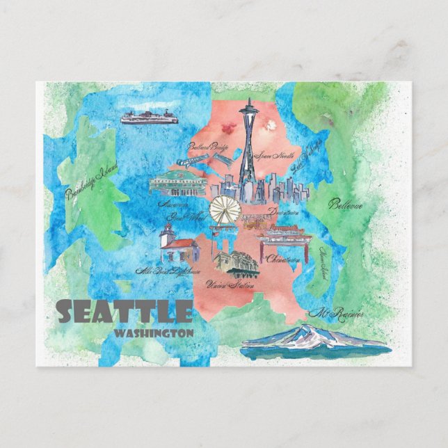 Postal Mapa de viajes de Seattle Washington (Anverso)