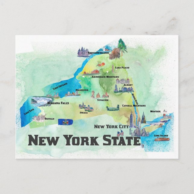 Postal Mapa de viajes del estado de Nueva York (Anverso)
