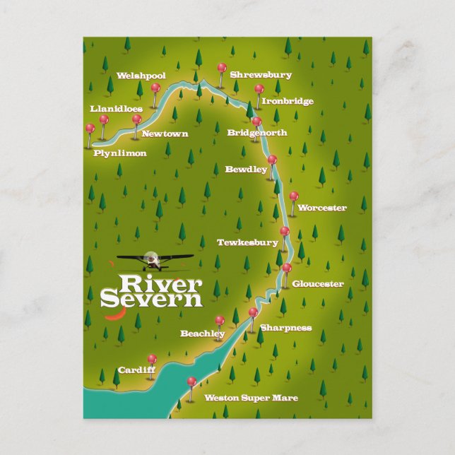 Postal Mapa de viajes del Río Severn Gales Inglaterra (Anverso)