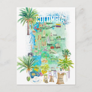Postal Mapa de viajes ilustrado de Colombia