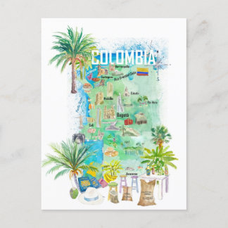 Postal Mapa de viajes ilustrado de Colombia