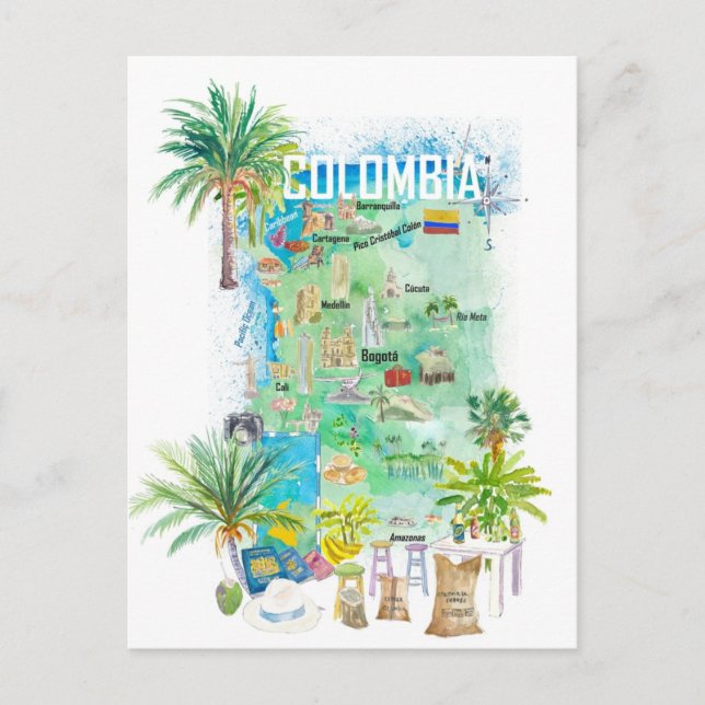 Postal Mapa de viajes ilustrado de Colombia (Anverso)
