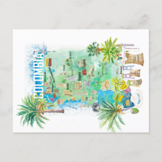 Postal Mapa de viajes ilustrado de Colombia