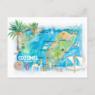 Postal Mapa de viajes ilustrado de Cozumel Quintana Roo M
