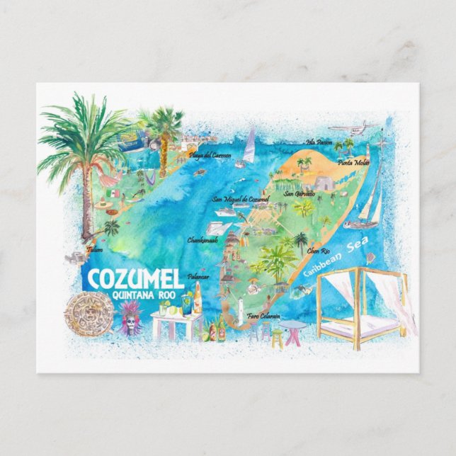 Postal Mapa de viajes ilustrado de Cozumel Quintana Roo M (Anverso)